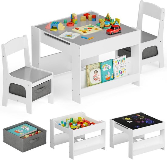 Kindertafel met 2 Stoelen en Opbergvakken - 3-in-1 Speel- en Knutseltafel voor Kinderen 3-7 Jaar - Houten Activiteitentafel Grijs
