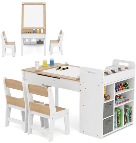 Kindertafel met 2 stoelen en papierrol - Houten bureau voor creatieve kinderen van Merkloos