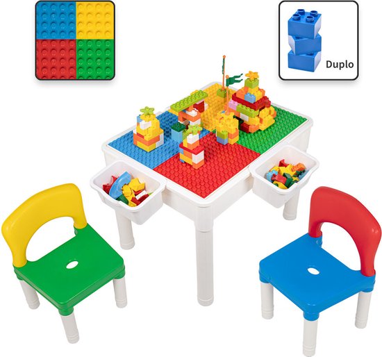 Kindertafel met 2 Stoeltjes - Speeltafel met bouwplaat en vlakke kant - 2 Bakjes - Geschikt voor Duplo® Bouwstenen van Cabino