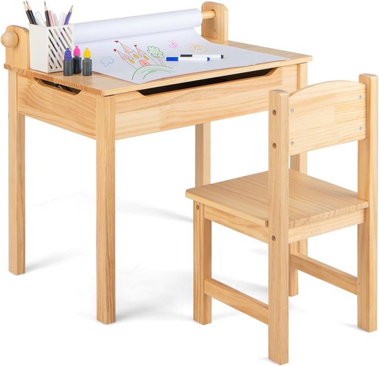 Kindertafel met stoel - Jeugdbureau kinderset - Leren en tekenen - Inklapbaar tafelblad - 60x40x58 cm - Natuur van Merkloos