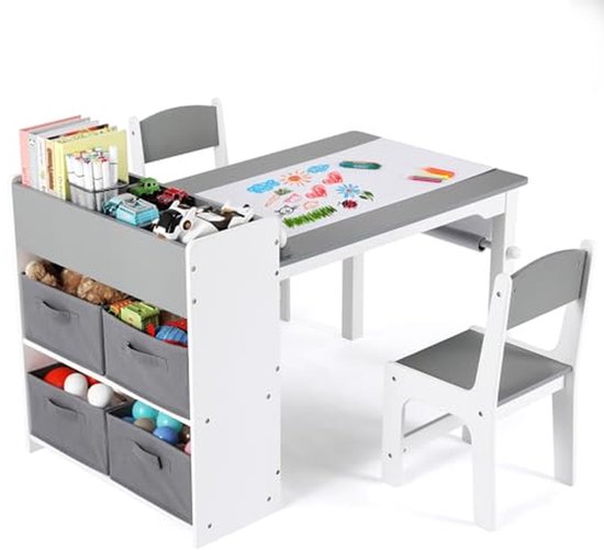 Kindertafel met stoelen - Kinderzitgroep - Creatief spelen - Met opbergruimte - 80 x 56 cm - Grijs