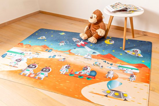 Kindertapijten.be - Planeet Speeltapijt met Ufo's - 110x170cm - Ultrazacht - Anti-slip - Wasbaar - Speelkleed / Speelmat / Vloerkleed Kinderen / Kinderkamer Tapijt / Speelmat / Speelhoek / Speelgoedtapijt / Speelmatten / Groot Speelkleed van Kinder