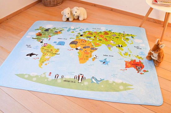 Kindertapijten.be - Wereldkaart Kindertapijt Wereld - 130x180cm - Ultrazacht - Anti-slip - Wasbaar - Speelkleed / Speelmat / Vloerkleed Kinderen / Kinderkamer Tapijt / Speelhoek / Speelgoedtapijt / Speelmatten / Groot Speelkleed Kinderen van Kinder