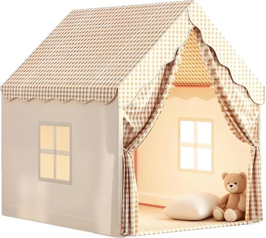 Kindertent speelhuis – Binnen en buiten speeltent met ramen, driehoekige structuur en stevig metalen frame – Kinder bedtent en speelhuis voor jongens en meisjes – Polyester doek – 105 × 120 × 128 cm – Beige van Merkloos