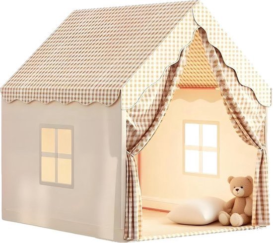 Kindertent speelhuis - Binnen en buiten speeltent met ramen, driehoekige structuur en stevig metalen frame - Kinder bedtent en speelhuis voor jongens en meisjes - Polyester doek - 105 × 120 × 128 cm - Beige