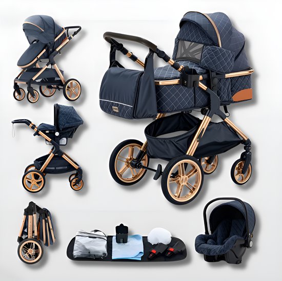 Kinderwagen 3 in 1 Blauw- incl. Àutostoel - 0-25kg - Luiertas- XXL - Buggy 3in1 - Verstelbare duwstang - Opvouwbaar - Wandelwagen - XXL zonnekap - Rubberen wielen - Reiswieg- 8 cadeaus- Elovia van Merkloos