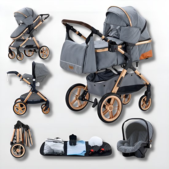 Kinderwagen 3 in 1 Grijs - incl. Àutostoel - 0-25kg - Luiertas- XXL - Buggy 3in1 - Verstelbare duwstang - Opvouwbaar - Wandelwagen - XXL zonnekap - Rubberen wielen - Reiswieg- 8 cadeaus- Elovia van Merkloos