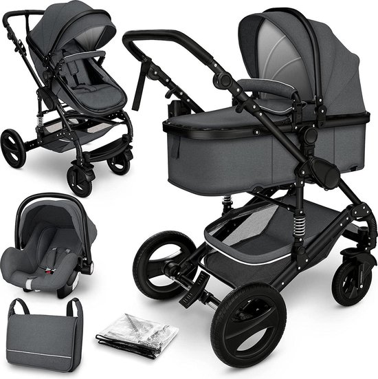 Kinderwagen 3 in 1 - inclusief accessoires - Antraciet/Zwart