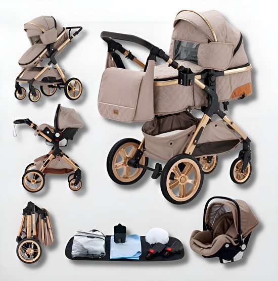 Kinderwagen 3 in 1 Khaki- incl. Àutostoel - 0-25kg - Luiertas- XXL - Buggy 3in1 - Verstelbare duwstang - Opvouwbaar - Wandelwagen - XXL zonnekap - Rubberen wielen - Reiswieg- 8 cadeaus- Elovia van Merkloos