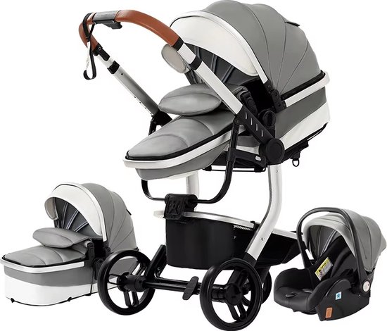 Kinderwagen 3 In 1 Kinderwagen Pasgeboren Kinderwagen Hoge Kwaliteit Senior Baby Draagbare Rubberen Wiel Pu Lederen Parm