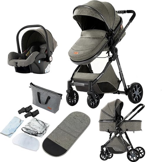 Kinderwagen - 3 In 1 Kinderwagen - Wandelwagen - Babywagen - Autostoeltje - Opvouwbare Trolley Voor Baby's - Lichtgewicht - Hoog Landschap - Grijs van Merkloos