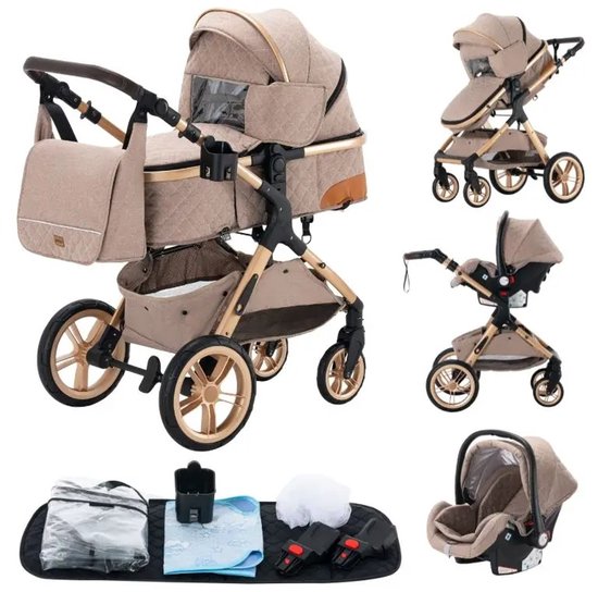 Kinderwagen 3 in 1 - Multifunctioneel - Combi Kinderwagen - Inklapbare Wandelwagen - Autostoel - Buggy - Opbergruimte - Klamboe - Beige van Kidzolo