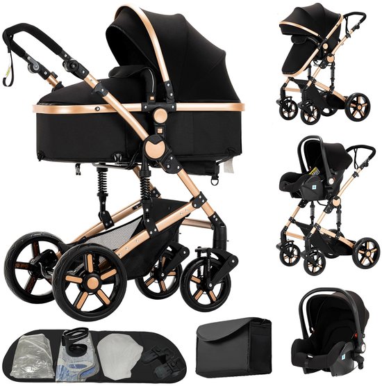 Kinderwagen - 3 in 1 - Wandelwagen - Luxe Kinderwagen - Autostoeltje - Buggy - Reiswieg - Met Opbergmand - Goud - Zwart van Merkloos