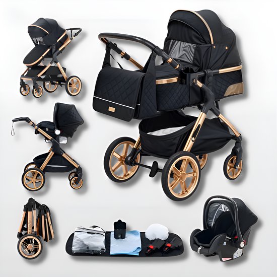 Kinderwagen 3 in 1 Zwart - incl. Àutostoel - 0-25kg - Luiertas- XXL - Buggy 3in1 - Verstelbare duwstang - Opvouwbaar - Wandelwagen - XXL zonnekap - Rubberen wielen - Reiswieg- 8 cadeaus- Elovia van Merkloos