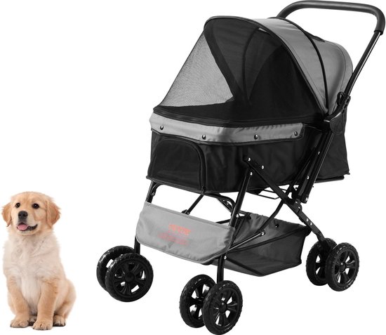 Kinderwagen 4 wielen hondenwandelwagen roteren met remmen 20 kg gewichtscapaciteit puppy kinderwagen met omkeerbaar stuur opbergmand en rits voor honden en katten reizen zwart + grijs van Kinder