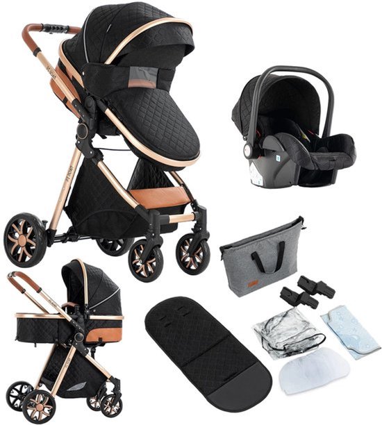 Kinderwagen - Buggy - Inklapbare Buggy - Opvouwbare Buggy - Inklapbare Buggy New Born - 3 in 1 -BabyWalker- High Landscape - ZwartGoud van Merkloos