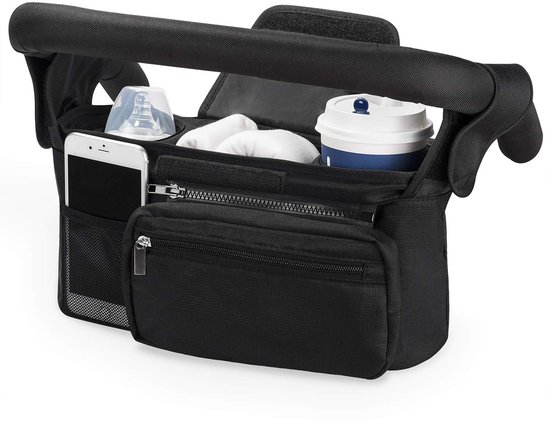 Kinderwagen Organizer Universeel - Geïsoleerde Drinkhouder & Bekerhouder - Buggy Tas met Ritsvak, Schouderriem & Opbergruimte voor Luiers & Telefoons - Zwart - 1 Stuk