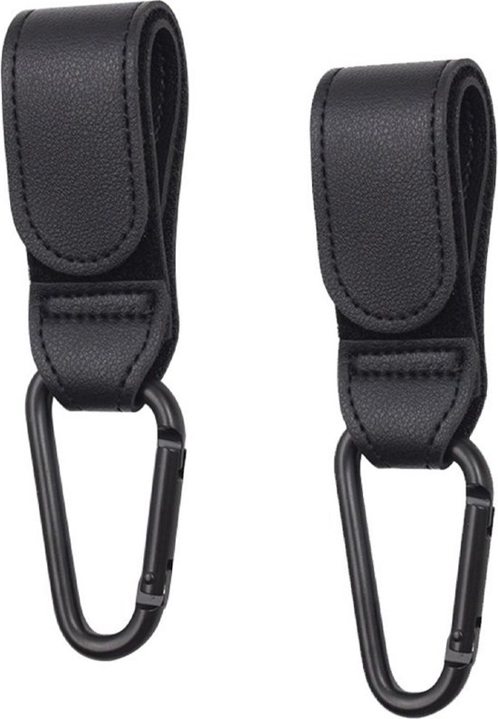 Kinderwagen tassenhaakjes - Haakjes voor tassen - Set van 2 - Extra stevig - Buggy haakjes - Zwart - pu-leer - Accessoires voor kinderwagens - Haak voor kinderwagen van Kinder