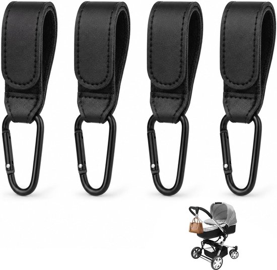 Kinderwagenhaken, 4-delig, praktische accessoires met bevestiging voor luiertas en karabijnhaak, haak voor kinderwagen, rugzak en boodschappen, kinderwagenhanger, zeer robuust