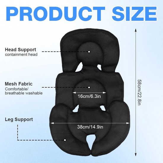 Kinderwagenkussen, autostoelverkleiner voor baby's, 3D mesh stof zitverkleiner, comfortabel en ademend voor kinderwagen, autostoel, kinderstoel, zwart