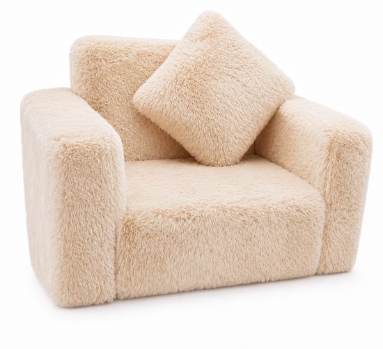 Kindvriendelijke opvouwbare pluchen kinderstoel met zitting en ligfunctie – comfortabel kids relaxfauteuil, beige pluche