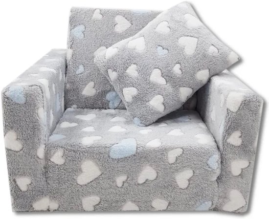Kindvriendelijke opvouwbare pluchen kinderstoel met zitting en ligfunctie – comfortabel kids relaxfauteuil, blauwe harten van Merkloos