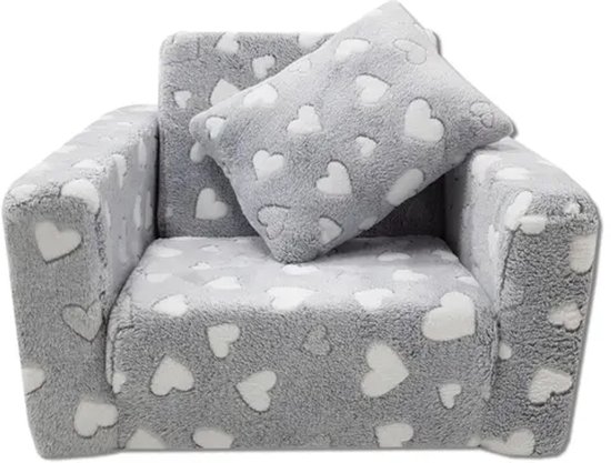 Kindvriendelijke opvouwbare pluchen kinderstoel met zitting en ligfunctie – comfortabel kids relaxfauteuil, grijze harten van Merkloos