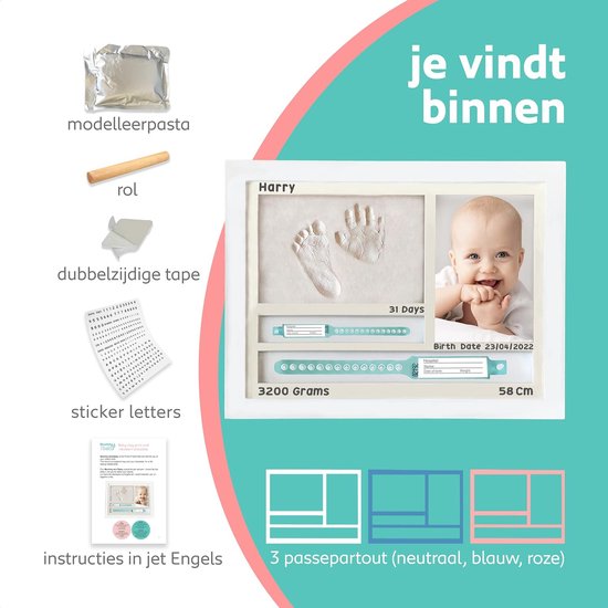 Kit baby pasgeboren handafdruk en voetafdruk fotolijst en GEBOORTE ARMBAND HOUDER | Cadeau-idee voor geboorte | Fotolijsten voor babykamers | Babykamers Decoratie | Cadeau voor Elke Nieuwe Mum van Bubzi Co.