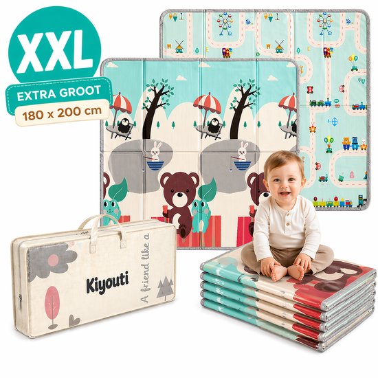 Kiyouti Speelmat Baby Beer & Stratenkaart | Extra Dik 1,5 cm Foam | Gestikte Randen + Antislip | Babygym 180x200 + Reisboekje van Merkloos