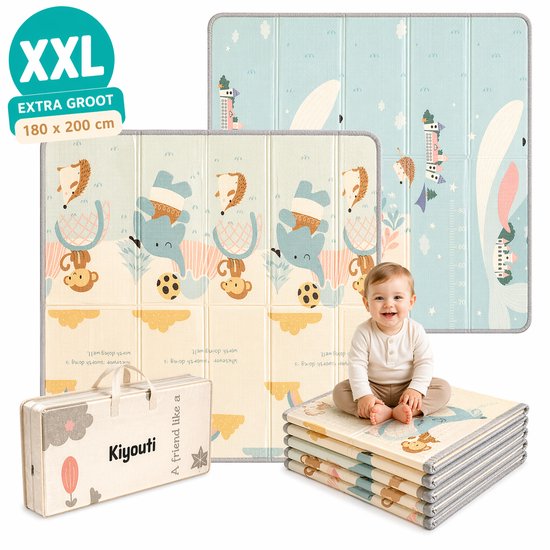 Kiyouti (uitgesproken als ‘Cutie’) Speelmat Baby Aapje | Extra Dik 1,5 cm Foam | Gestikte Randen + Antislip | Babygym Puzzelmat 180x200 + Reisboekje