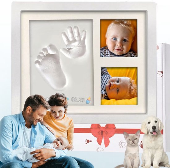 klei afdruk baby - Baby fotolijstje met Gipsafdruk Voet en Hand - TENZHVXI® - 23 x 28cm - Koester Speciale Momenten - Veilige Klei - Drie Aparte Vakjes, Met Fotolijstje voor 2 Foto's - Doop of Verjaardag - Wit