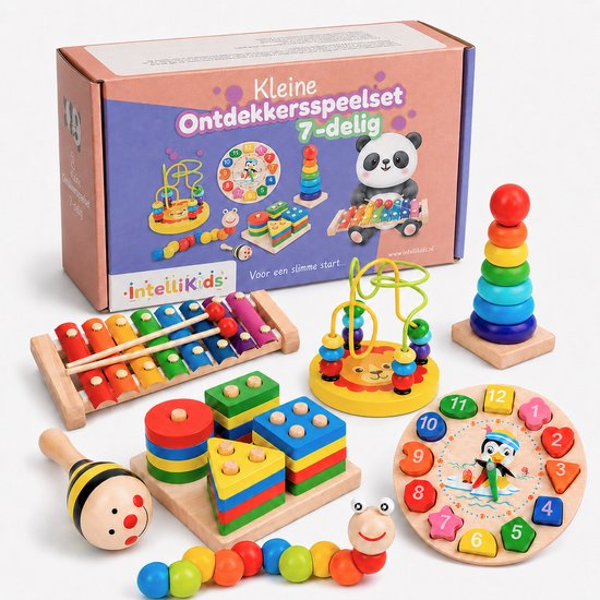 Kleine Ontdekkersspeelset 7 delig - Houten Educatief Speelgoed - Montessori Speelgoed - Peuter Speelgoed - Fijne Motoriek - Stapeltoren, Xylofoon, Leerklok, Kralenlabyrint, Vormenstoof, Rupsje, Maracas - IntelliKids