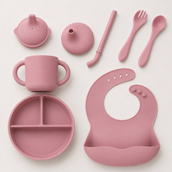Kleine Smulders® Baby Servies Set Siliconen 8-delig Kinder Bestek: Bord met Zuignap + Bestek + Slabbetje + Drinkbeker met 2 opzetstukken, Rietje & Tuit | Vaatwasser, Magnetron, Oven & Vriezer Bestendig | BPA Vrij | Roze
