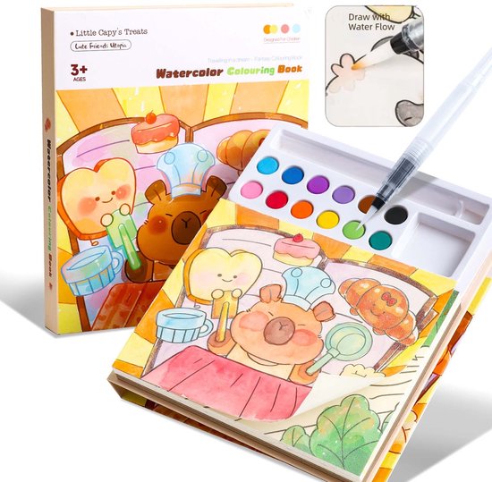Kleurboek met waterverf voor kinderen - Set met 12 kleuren - Educatief speelgoed voor jongens en meisjes vanaf 3 jaar - Morsbestendige waterverfdoos (Cavia) van Merkloos