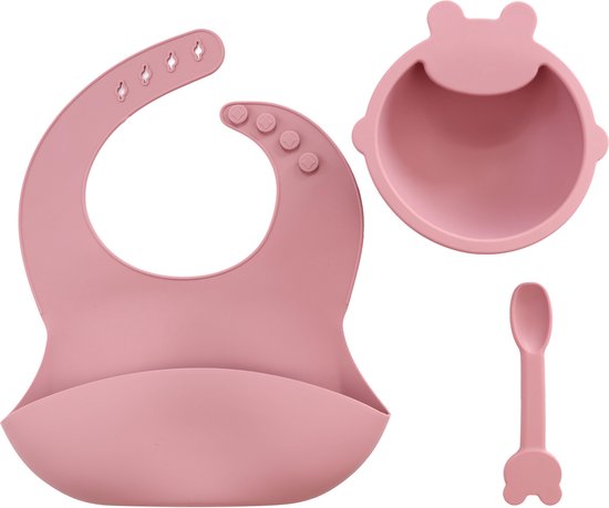 KliederZ 3-delige Siliconen Eetset - voor baby en peuters - Slabbetje Schaaltje Lepel - Kwalitatieve kinder serviesset met opvangbakje en zuignap - Donkerroze Cherry SE01 van KliederZ