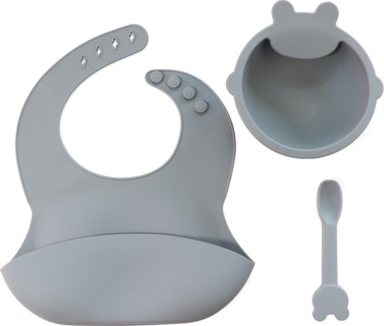 KliederZ 3-delige Siliconen Eetset | voor baby en peuters | Slabbetje Schaaltje Lepel | Kwalitatieve kinder serviesset met opvangbakje en zuignap | Grijs Lychee SE05 van KliederZ