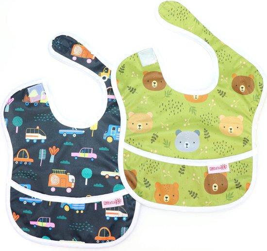 KliederZ baby eetslabbetje met opvangbakje - set 2 stuks slabber jongen - Kranig & Krachtig - FP04 van KliederZ