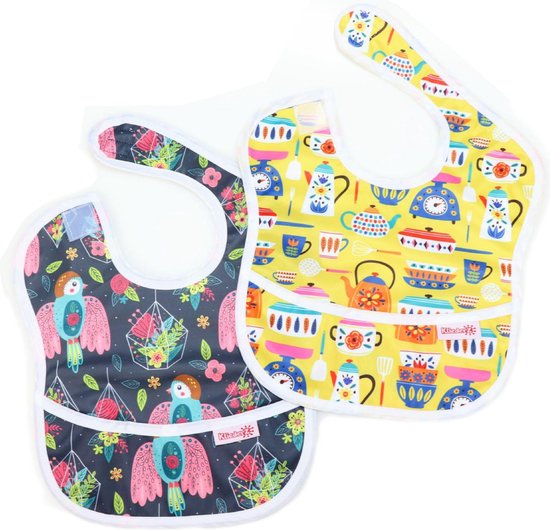 KliederZ baby eetslabbetje met opvangbakje | set 2 stuks slabber meisje | Vogelvrij & Theetijd | FP01 van KliederZ