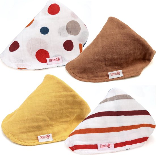 KliederZ Hydrofiele Baby Slabbetjes unisex ‘Goud’ - Katoenen stoffen zeverslabbers - bandana babyslab set van 4 - MB07 van KliederZ