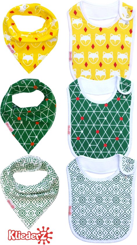 KliederZ® slabbetjes combi set 6 stuks | Bandana kwijl puntslabben +  eetslabben ORGANISCH katoen | WATERPROOF fleece laag | Baby en peuter slabbers verstelbaar | Hippe puntsjaaltjes met vosjes en leuke motieven jongens | 4 mnd tot 4 jaar van KliederZ