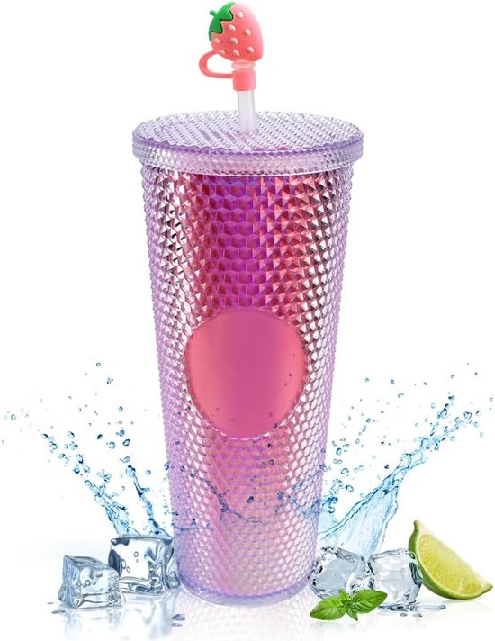 Klinknagels beker met deksel en roestvrij stalen rietje, 710 ml, dubbelwandige koudbeker van kunststof, drinkbeker, kunststof beker met klinknagels, reisbeker voor ijskoffie, water, to go, van Storagelab