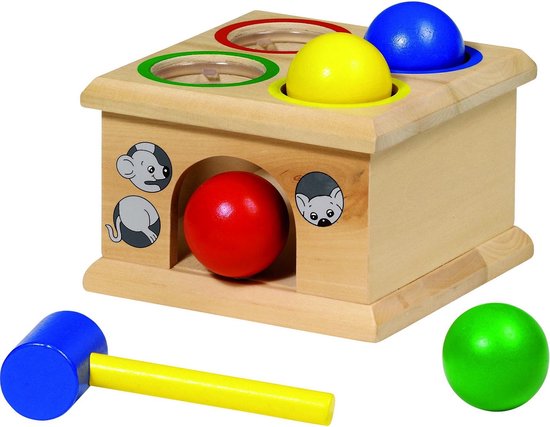 Klopbank: VANG DE MUIS 12x12x9cm, met 4 knikkers en 1 hamer, van goki