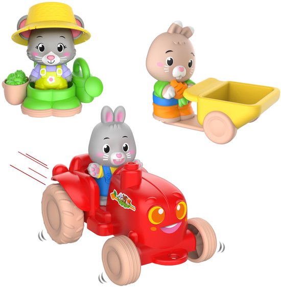 Klorofil Speelset Tuinieren – Tractor met Aanhangbare Kruiwagen, Tuindersoutfit met Gieter en Accessoires – Inclusief Brie Muisfiguur – Speelgoed vanaf 18 Maanden – Stimuleert Fantasie en Rollenspel