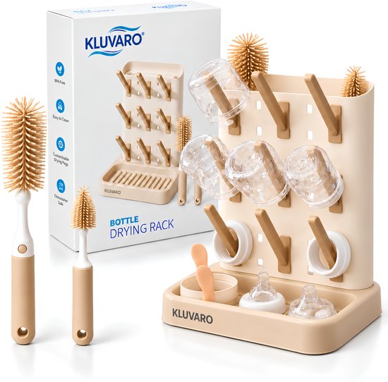 Kluvaro Flessen droogrek - Droogrek voor Babyflessen en Flesvoeding Accessoires - 2 Flessenborstels - Afdruiprek - Beige