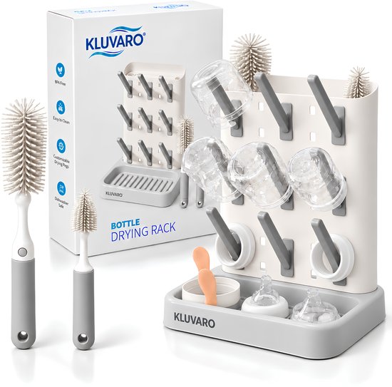 Kluvaro Flessen droogrek - Droogrek voor Babyflessen en Flesvoeding Accessoires - 2 Flessenborstels - Afdruiprek - Grijs