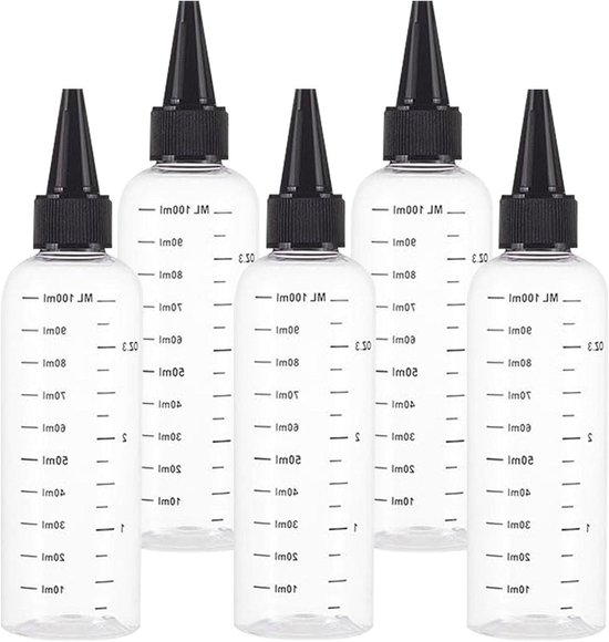 Knijpfles 100 ml voor oliën en lotion - Set van 5 - Transparant met schaal - Applicatorfles voor haarverzorging - Knijpflessen met maatverdeling