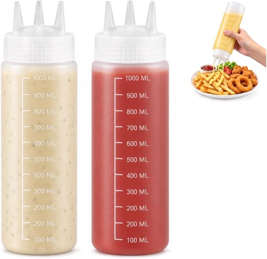 Knijpfles 1000 ml - plastic - 2 stuks met etiketten - ideaal voor koken en bakken - ServiceTopper
