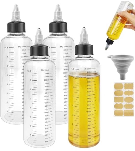 Knijpfles 250ml Transparant - Set van 4 Stuks - Schroefdop met Trechter - Multifunctionele Doseerfles voor Saus, Olie, Soja, Azijn