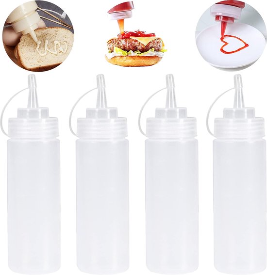 Knijpfles, 4 stuks, 360 ml plastic knijpflessen met dop, doseerfles, BPA-vrij, knijpkruidenflessen voor specerijen, ketchup, mosterd, olijfolie, sausfles, 12 oz van Patelai