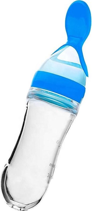 Knijpfles Lepel voor baby`s -Lepel - Silicone - 90 ml Blauw Siliconen Baby Drinkfles - Lepelfles - Antiknoei Drinkfles Met Lepel - Drinkbeker - BPA Vrij van Luvion